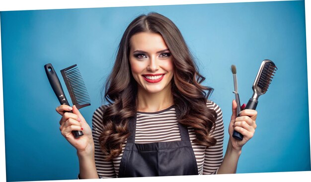 Photo a woman with long brown hair holding a brush and brushes