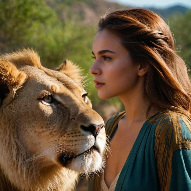 Photo a woman with long brown hair is looking at a lioness