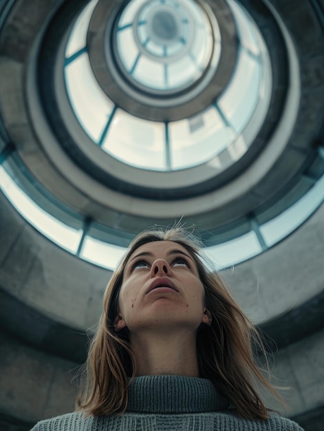 Photo a woman with long brown hair is looking up at the ceiling