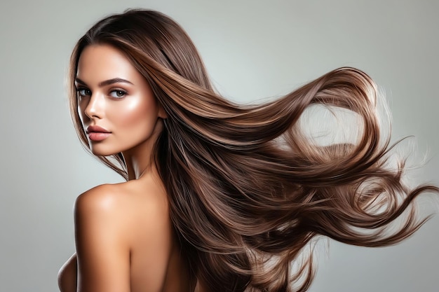 A woman with long brown hair is posing for a picture