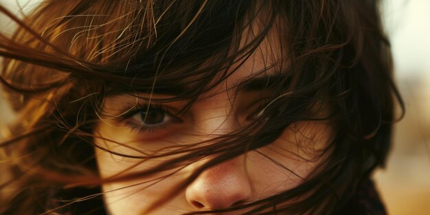 Woman with long brown hair is shown with her face obscured by her hair