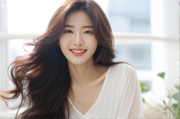 A woman with long brown hair is smiling and wearing a white shirt