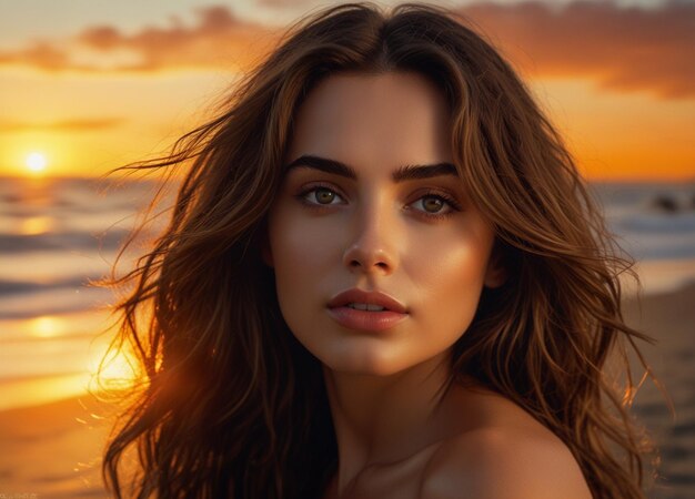 a woman with long brown hair is standing in front of a sunset