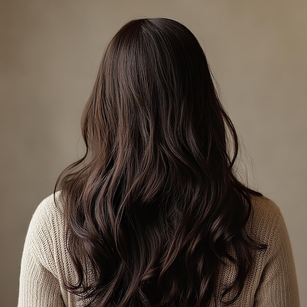 a woman with long brown hair is standing in front of a wall