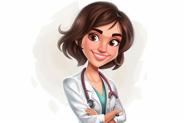 A woman with long brown hair is wearing a white lab coat and a stethoscope