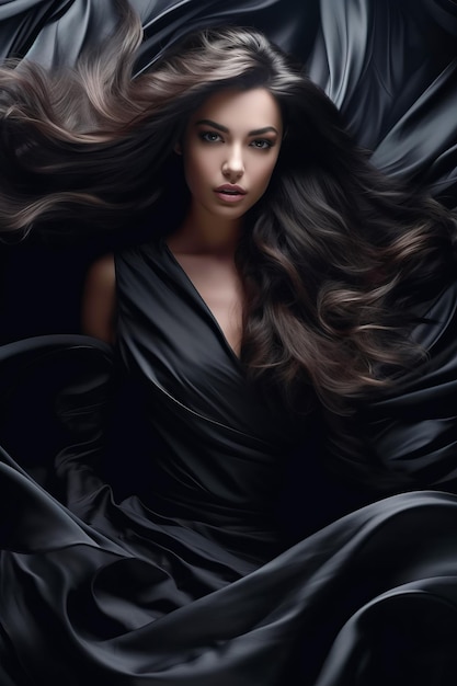 Woman with long brown hair laying on black blanket with her hair blowing in the wind Generative AI