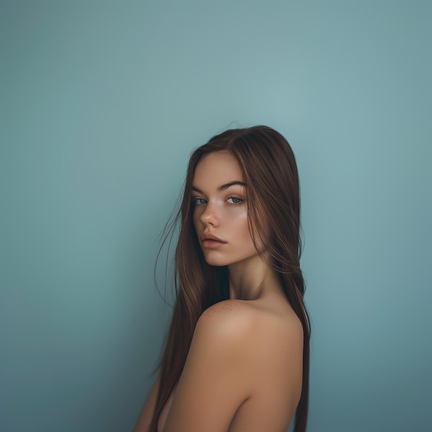 Woman With Long Brown Hair Looking Over Shoulder Against Light Blue Wall