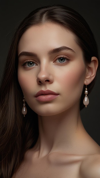 a woman with long brown hair and a pink lip