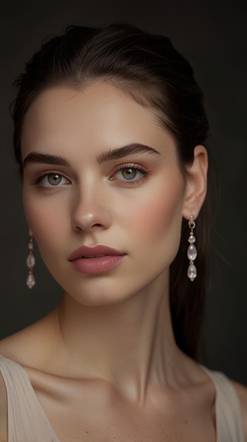 a woman with long brown hair and a pink lip