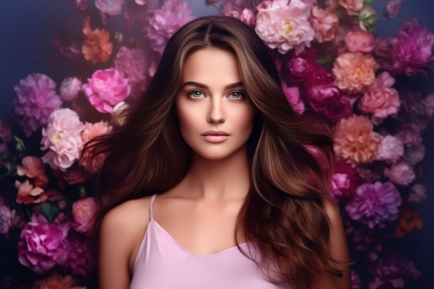 A woman with long brown hair and a pink tank top stands in front of a floral background.