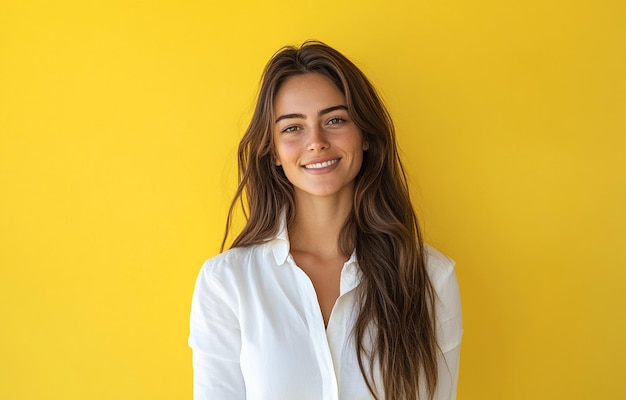 A Woman with Long Brown Hair Posing in Front of a Yellow Wall