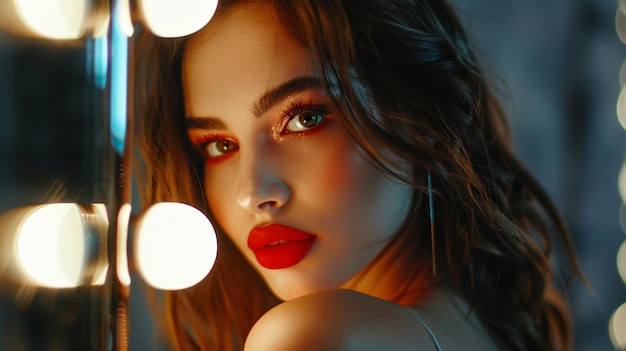 a woman with long brown hair and red lips is posing in front of a light