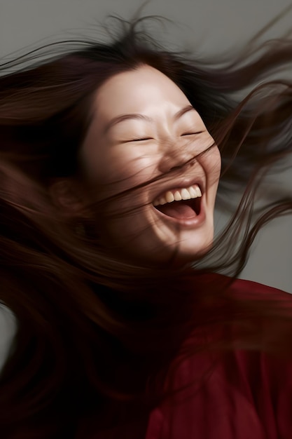 A woman with long brown hair and a red shirt is laughing.