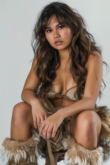 a woman with long brown hair sitting on a chair