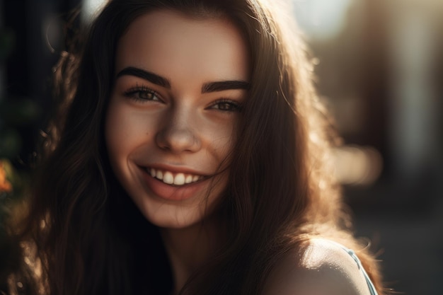 A woman with long brown hair smiles at the camera.