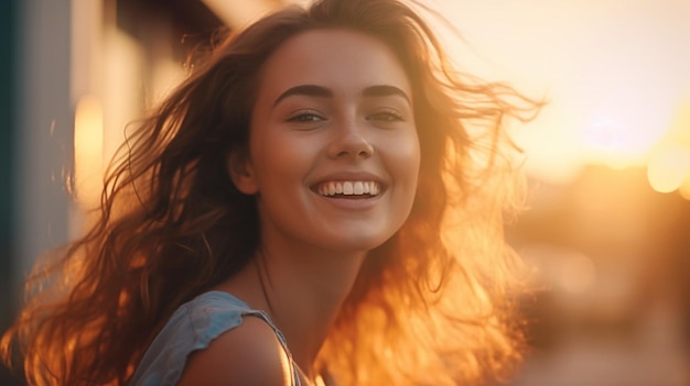 A woman with long brown hair smiles at the camera.