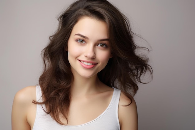 A woman with long brown hair smiling at the camera Perfect for portraying happiness and confidence Suitable for websites blogs and promotional materials