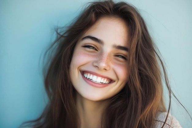 Photo a woman with long brown hair smiling at the camera