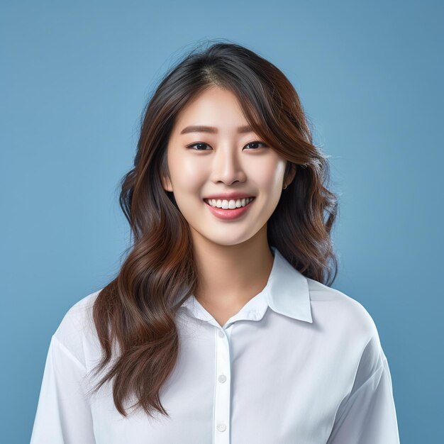 A woman with long brown hair smiling in front of a blue background.