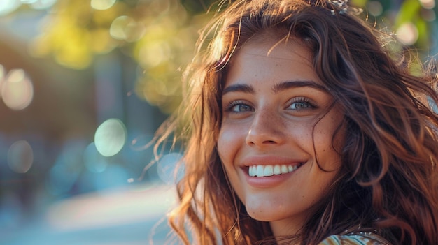 a woman with long brown hair smiling and wearing a white dress