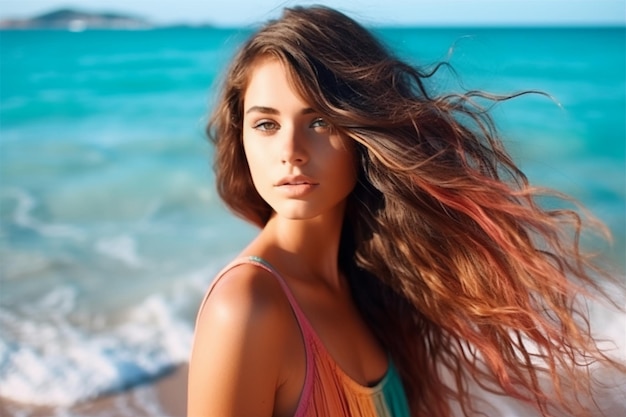 A woman with long brown hair stands on the beach and looks at the camera.