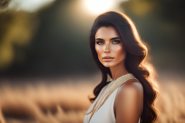 A woman with long brown hair stands in a field of golden wheat.