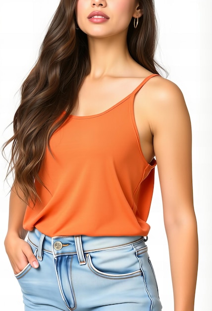 Photo a woman with long brown hair wearing a orange top with a blue jean skirt