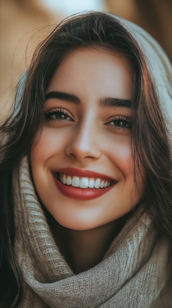 Photo a woman with long brown hair wearing a scarf smiles at the camera