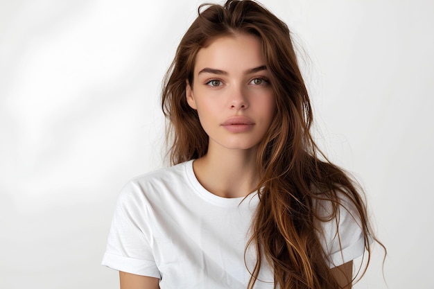 A woman with long brown hair wearing a white shirt