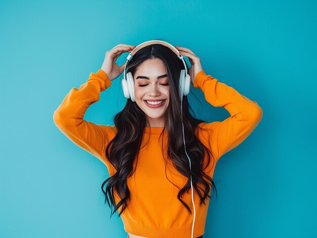 Photo a woman with long brown hair wearing a yellow top and a red shirt with white headphones around her n