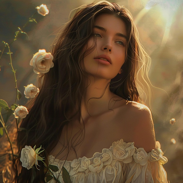 a woman with long brown hair and a white dress with flowers in the background