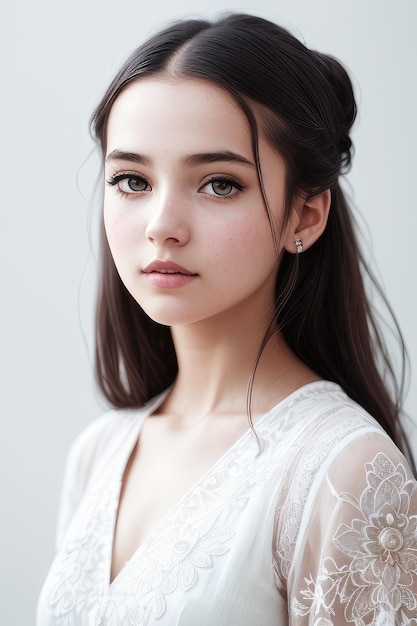 A woman with long brown hair and a white dress