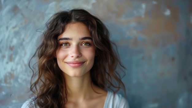 a woman with long brown hair and a white shirt is posing with a picture of a girl