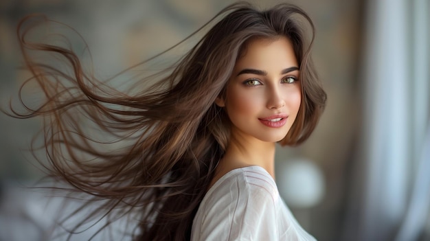 a woman with long brown hair and a white shirt is posing with a white shirt that says  natural