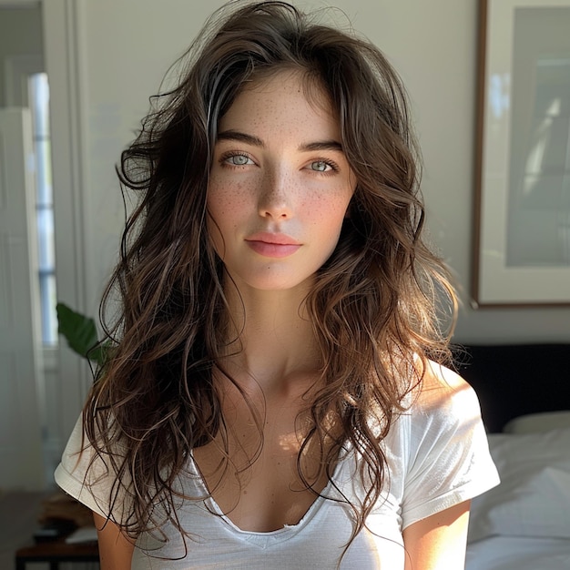 a woman with long brown hair and a white shirt is sitting on a bed