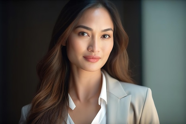 A woman with long brown hair and a white shirt stands in front of a window