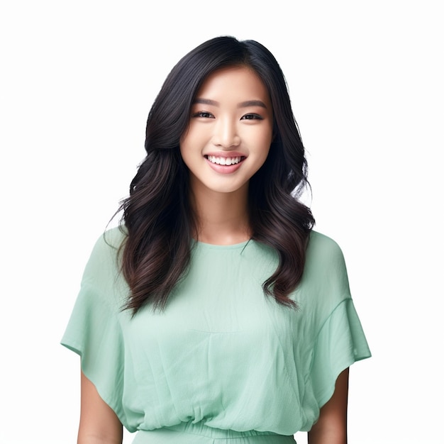 a woman with long brown hair and a white shirt that says  she is smiling