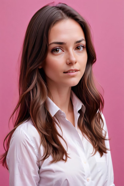 A woman with long brown hair and a white shirt with a pink background