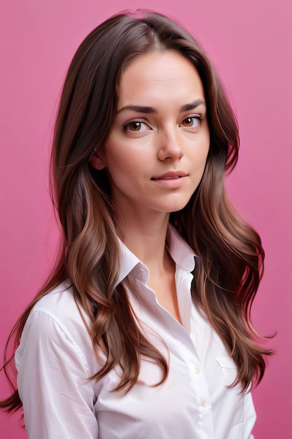 A woman with long brown hair and a white shirt with a pink background