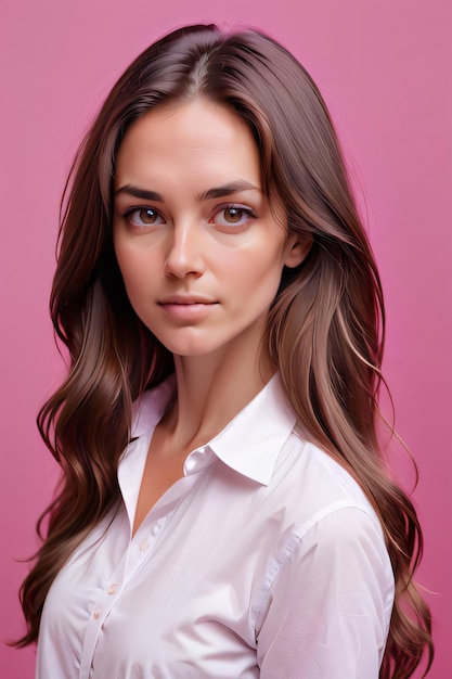 A woman with long brown hair and a white shirt with a pink background