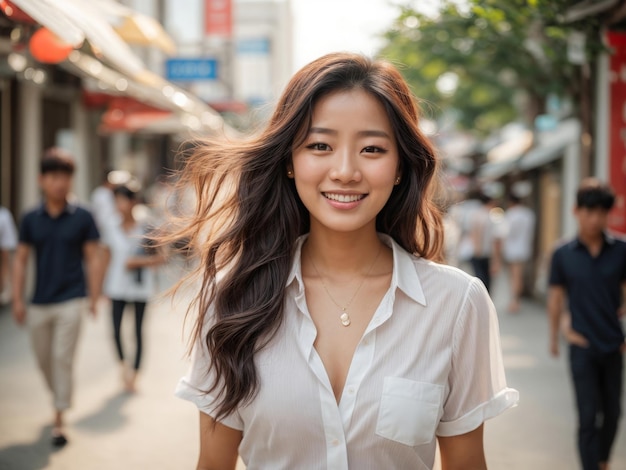 a woman with long brown hair and a white shirt