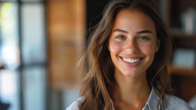 a woman with long brown hair and a white shirt