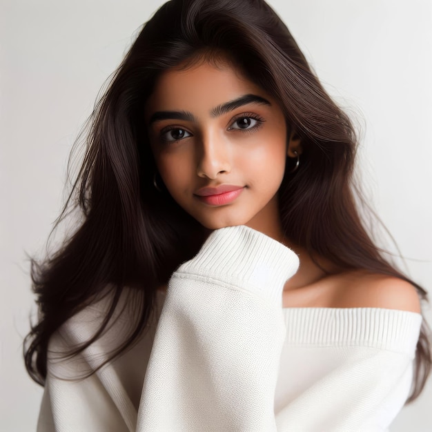 Photo a woman with long brown hair and a white sweater