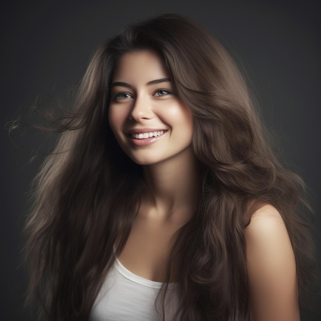 A woman with long brown hair and a white tank top is smiling.