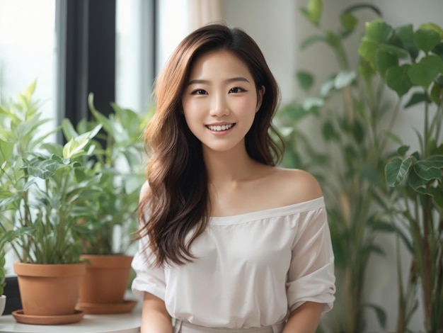 a woman with long brown hair and a white top is smiling