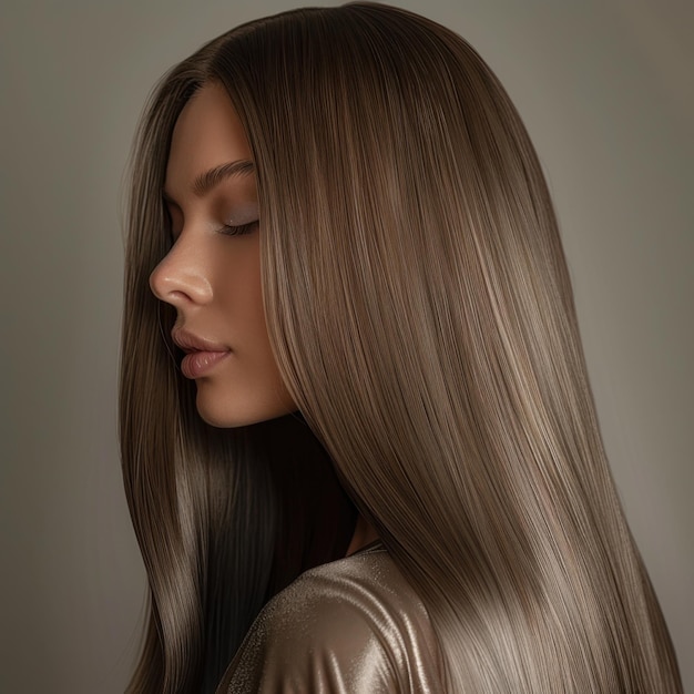 Woman with Long Chocolate Brown Hair and Chestnut Highlights Against Neutral Background