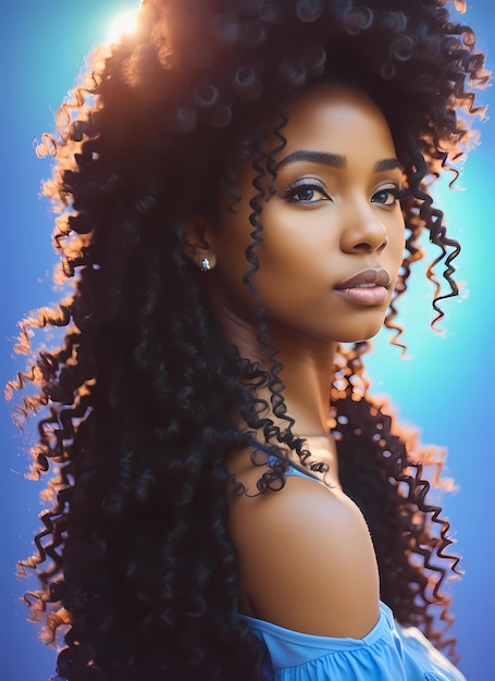 A woman with long curly hair and a blue background