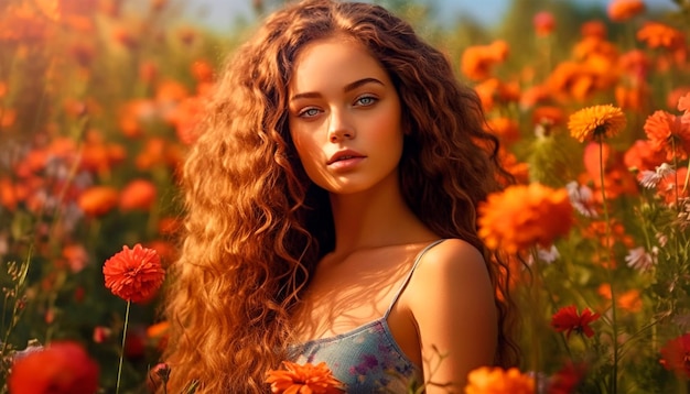 A woman with long curly hair in a field of flowers