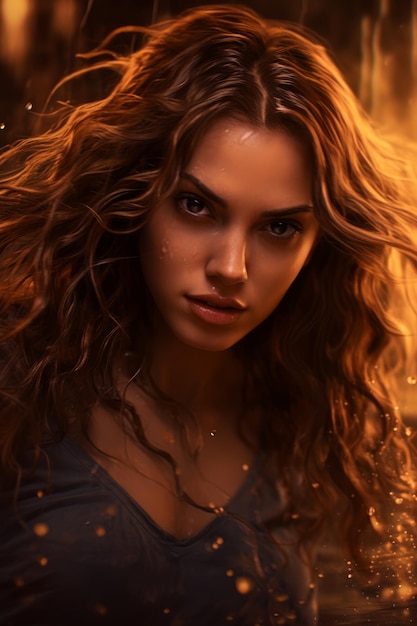 A woman with long curly hair and a fire in the background