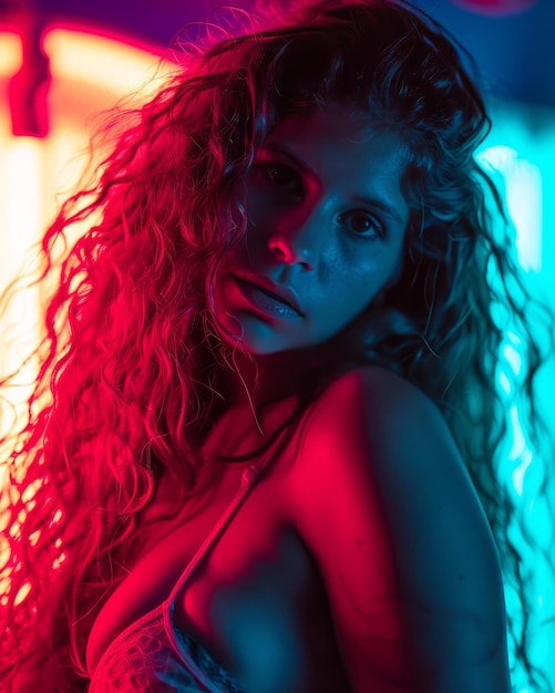 A woman with long curly hair posing in front of neon lights